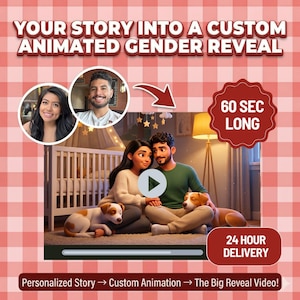 Peut inclure: Publicité pour une vidéo personnalisée d'annonce de genre animée. L'image présente un couple de dessins animés avec deux chiens, un berceau et le texte "YOUR STORY INTO A CUSTOM ANIMATED GENDER REVEAL". Le texte supplémentaire comprend "60 SEC LONG" et "24 HOUR DELIVERY".