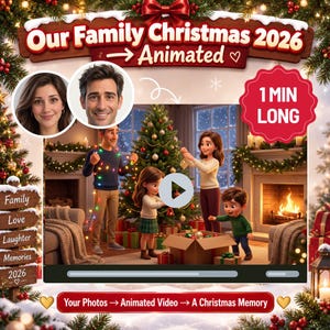 Op de afbeelding: Een digitale promotieafbeelding voor een aangepaste animatievideo getiteld Our Family Christmas 2026. Het bevat twee ronde portretuitsneden van een vrouw en een man, en een centrale videospeler met een geanimeerd gezin dat een boom versiert.