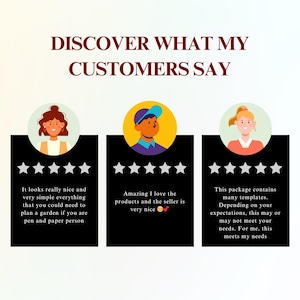 May include: Image with the text "DISCOVER WHAT MY CUSTOMERS SAY" above three customer reviews. Each review includes a customer avatar, star ratings, and a short quote about the product.