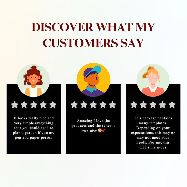 May include: Image with the text "DISCOVER WHAT MY CUSTOMERS SAY" above three customer reviews. Each review includes a customer avatar, star ratings, and a short quote about the product.