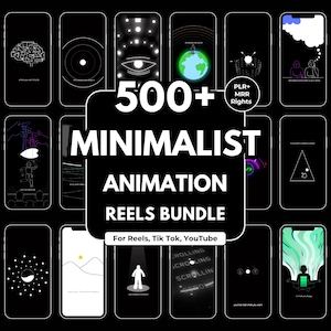 以下が含まれることがあります： 黒い背景にミニマリストアニメーションを表示するスマートフォンのコレクション。中央のグラフィックは「500+ MINIMALIST ANIMATION REELS BUNDLE」と表示され、その下に「For Reels, Tik Tok, YouTube」と表示されています。画像には「PLR+ MRR Rights」というテキストが含まれています。