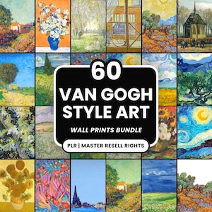 Op de afbeelding: Een verzameling van 16 muurkunstprints in de stijl van Van Gogh. De prints tonen landschappen, stillevens en andere scènes in verschillende kleuren. De tekst "60 VAN GOGH STYLE ART WALL PRINTS BUNDLE" is zichtbaar.