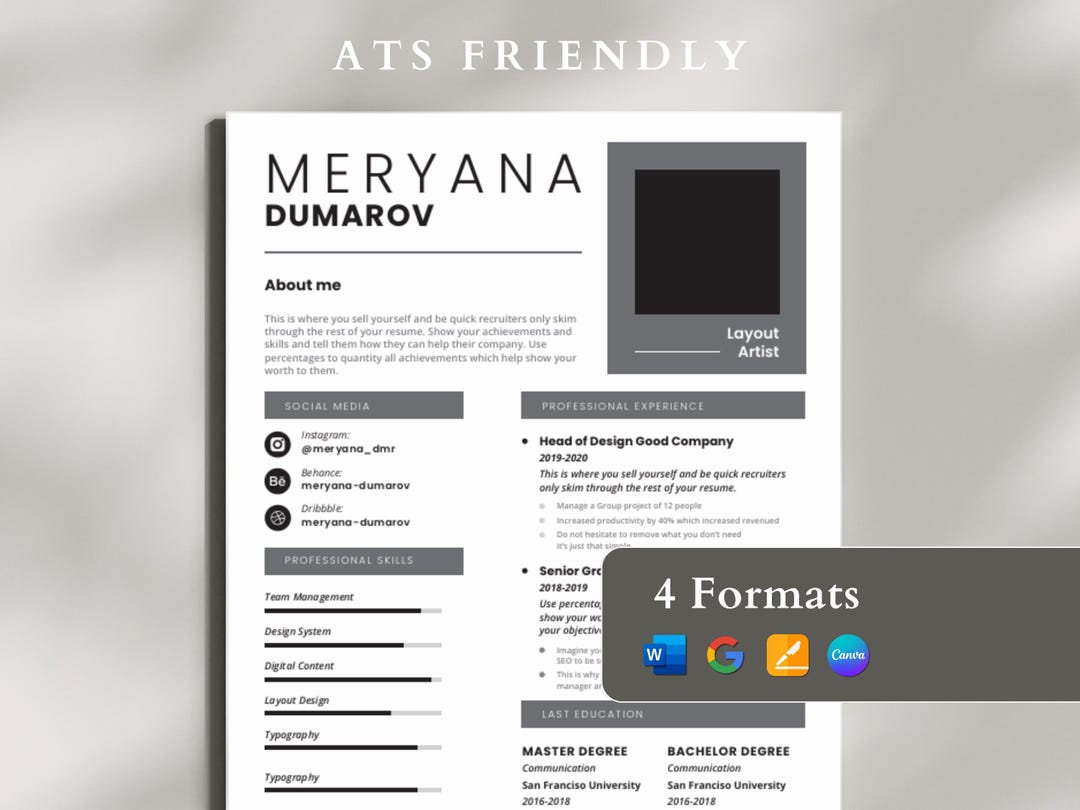 Google Doc ATS Friendly Resume Template for Word, Canva Professional ...