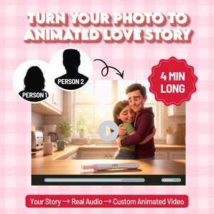 May include: A digital graphic with the text TURN YOUR PHOTO TO ANIMATED LOVE STORY and 4 MIN LONG. It shows two silhouettes labeled PERSON 1 and PERSON 2, and an animated scene of a couple hugging in a kitchen with a pregnancy test on the counter.