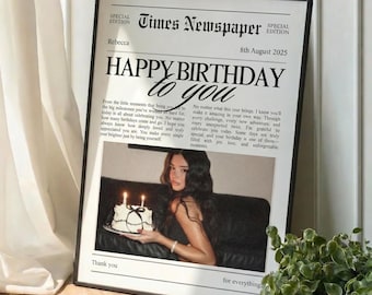 Plantilla de póster de periódico de cumpleaños personalizada, editable en Canva, póster de regalo de cumpleaños personalizado, impresión divertida en la portada, decoración de habitación femenina
