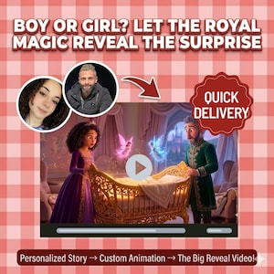 May include: Animated video advertisement for a baby gender reveal. The image shows a cartoon scene with a crib, characters, and text that reads "BOY OR GIRL? LET THE ROYAL MAGIC REVEAL THE SURPRISE."