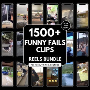 Puede incluir: Una composición de pantallas de teléfonos inteligentes que muestran varios videoclips. La imagen central presenta el texto "1500+ FUNNY FAILS CLIPS REELS BUNDLE" con la frase "For Reels, Tik Tok, YouTube". Las pantallas muestran contenido diverso.