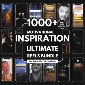 Może przedstawiać: Obraz promocyjny z wieloma ekranami smartfonów wyświetlającymi treści motywacyjne. Centralny tekst brzmi "1000+ Motivational Inspiration Ultimate Reels Bundle" z "PLR+MRR Rights". Obraz jest przeznaczony dla Reels, TikTok i YouTube.