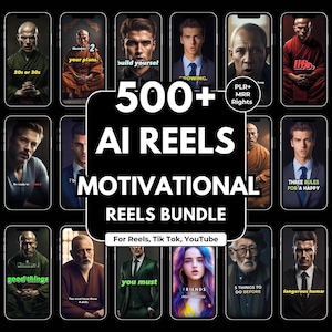Puede incluir: Imagen promocional que muestra un paquete de más de 500 reels motivacionales generados por IA. La imagen presenta varias pantallas de teléfonos inteligentes con superposiciones de texto y retratos. El texto central dice "500+ AI REELS MOTIVATIONAL REELS BUNDLE" con el lema "For Reels, Tik Tok, YouTube."
