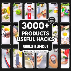 May include: A promotional image showcasing a bundle of over 3000 products and useful hacks. The image is a grid of smartphone screens displaying various product demonstrations. The central text reads "3000+ PRODUCTS USEFUL HACKS REELS BUNDLE" with "For Reels, Tik Tok, YouTube" below.