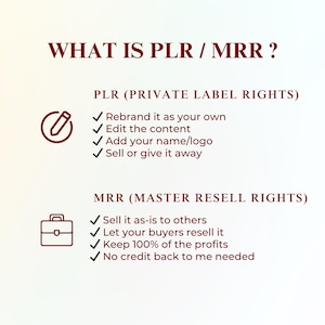 Pu&ograve; includere: Infografica con il titolo "WHAT IS PLR / MRR?" in testo bordeaux. Spiega i Private Label Rights (PLR) e i Master Resell Rights (MRR), con punti elenco che ne illustrano le caratteristiche. Sono incluse icone di una matita e una valigetta.