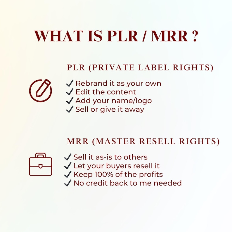 Pu&ograve; includere: Infografica con il titolo "WHAT IS PLR / MRR?" in testo bordeaux. Spiega i Private Label Rights (PLR) e i Master Resell Rights (MRR), con punti elenco che ne illustrano le caratteristiche. Sono incluse icone di una matita e una valigetta.