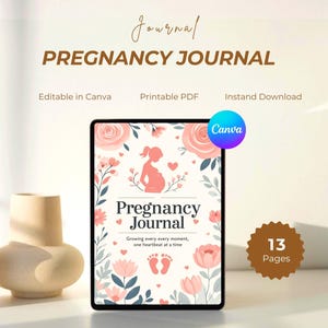 Puede incluir: Un diario de embarazo digital que se muestra en una tableta, con un diseño floral de rosas rosas y una silueta de una persona embarazada. La portada del diario dice "Pregnancy Journal" e incluye el texto "Growing every moment, one heartbeat at a time."