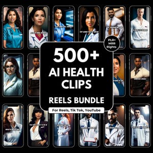 Puede incluir: Un paquete de productos digitales con más de 500 clips de salud de IA para Reels, TikTok y YouTube. La imagen muestra a varios profesionales con superposiciones de texto como "Inner Dialogue" y "Do Journaling For". Incluye derechos PLR y MRR.