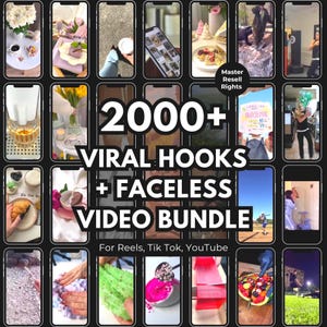 Peut inclure: Une grille d'écrans de smartphones présentant divers contenus vidéo. Le texte central indique "2000+ VIRAL HOOKS + FACELESS VIDEO BUNDLE" avec "For Reels, Tik Tok, YouTube" en dessous. L'image comprend le texte "Master Resell Rights".