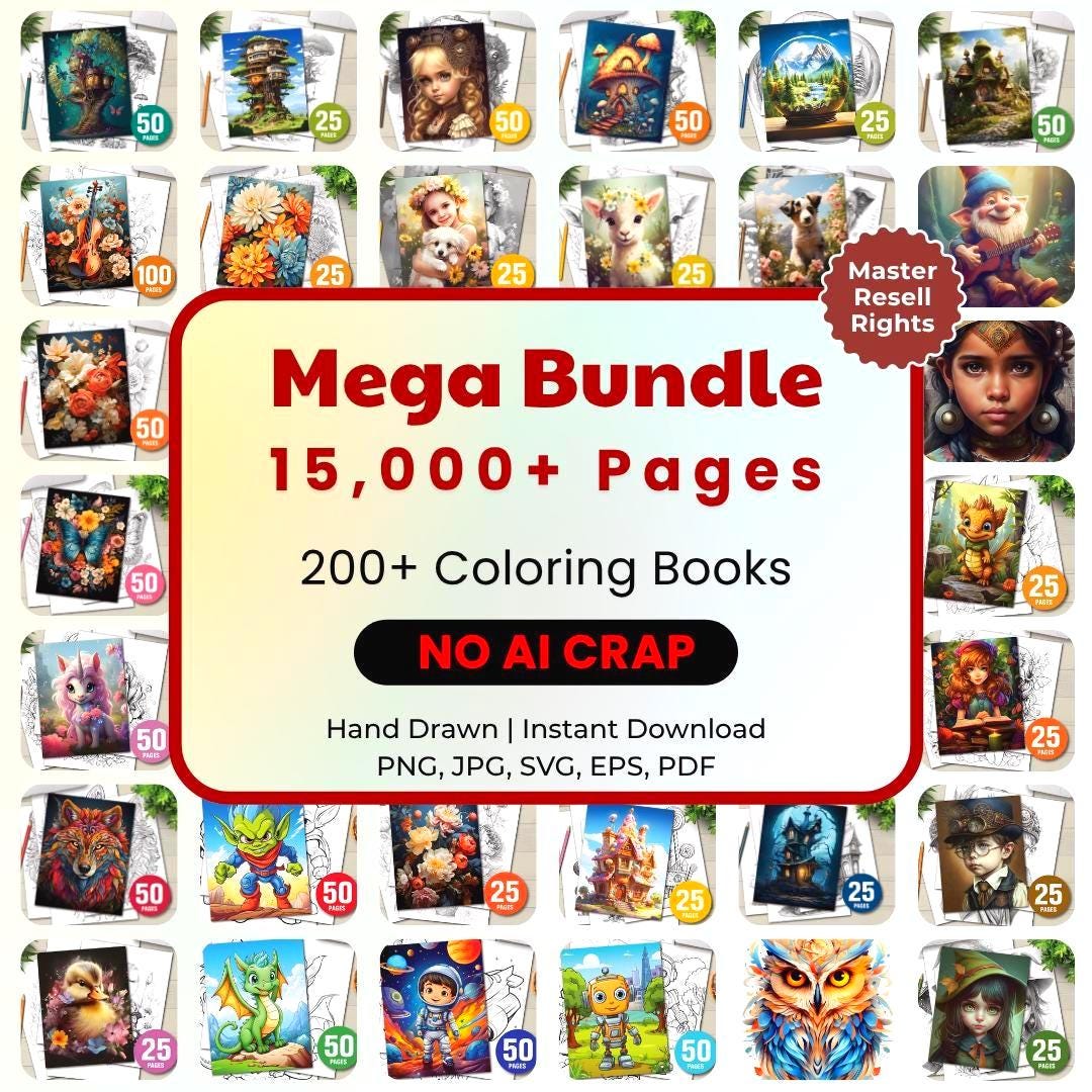 15,000+ Digital Coloring Pages Mega Bundle – Cute, Easy & Therapeutic PDFs for Kids, Teens & Adults | Instant Download