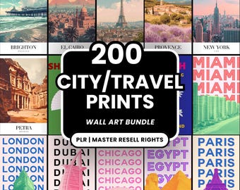 200 Vintage Travel Poster Prints, Retro City Wall Art (Digital Download)