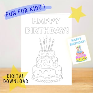 Cartão de colorir de feliz aniversário para impressão, cartão de aniversário de bolo, cartão de aniversário para crianças, cor de aniversário seu próprio cartão, impressão e cor DIY