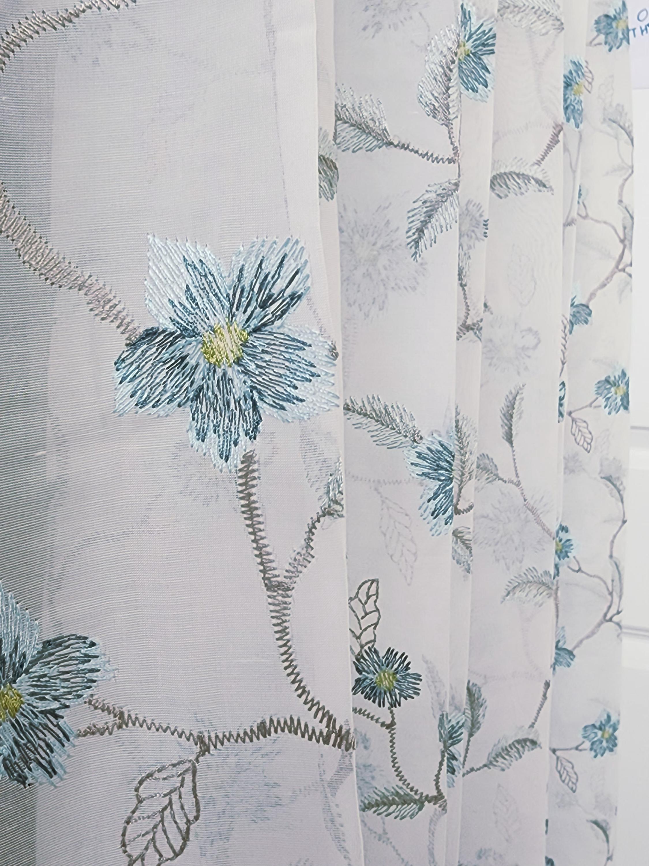 Blue Flower Embroidered Sheer Curtain, Rod Pocket, 50-inch Width - Etsy
