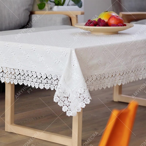 Elegant White Lace Tablecloth, Vintage Style Wedding Table Cloth, Chic Table Cover, Cotton Table Cloth