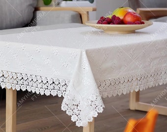 Elegant White Lace Tablecloth, Vintage Style Wedding Table Cloth, Chic Table Cover, Cotton Table Cloth