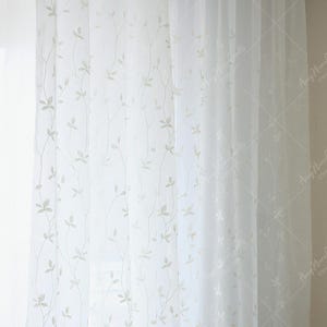 Elegant White Embroidered Sheer Curtain, Leaf Pattern Light-Filtering Curtain for Living Room, Bedroom