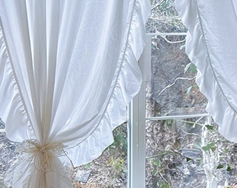 White Cotton Pleated Lace Curtain: Semi Sheer Drape With Ruffles
