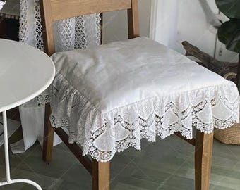 Cotton Chair Pad ,White Embroidered Seat Cushion with Ruffled, U Sharp/Square