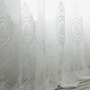 White Embroidered Sheer Curtains: Romantic Rose Lace Drapes