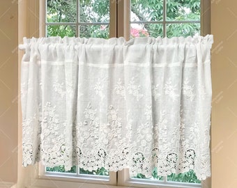 Embroidered Valance Curtain For Kitchen , Shabby Chic Cotton Lace Coffee Curtain