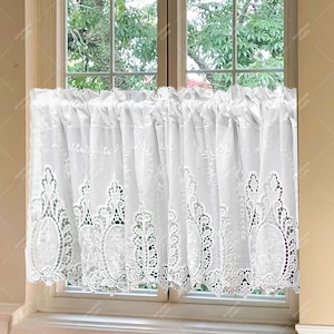 White Embroidered Short Curtain For Kitchen , Shabby Chic Cotton Lace Semi-Sheer Window Curtain