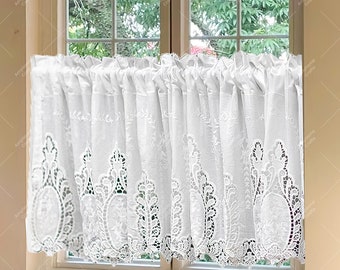 White Embroidered Short Curtain For Kitchen , Shabby Chic Cotton Lace Semi-Sheer Window Curtain
