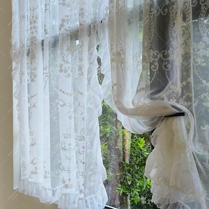 White Embroidered Lace Curtain, French Style Semi Sheer Drapes for Bedroom,Light Filtering Window Panel