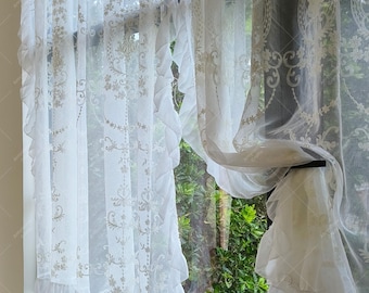 White Embroidered Lace Curtain, French Style Semi Sheer Drapes for Bedroom,Light Filtering Window Panel