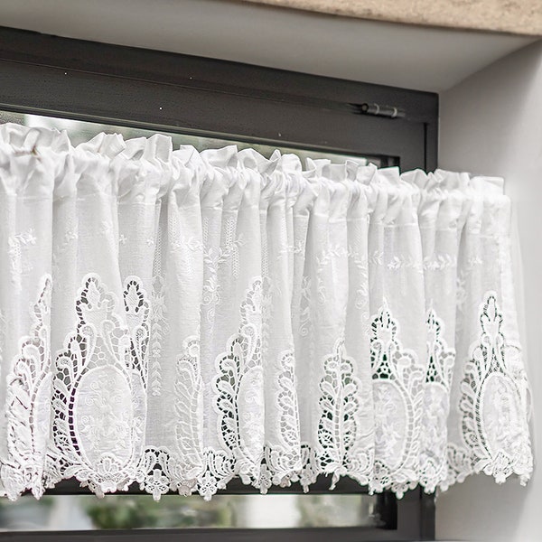 White Embroidered Short Curtain For Kitchen , Shabby Chic Cotton Lace Semi-Sheer Window Curtain