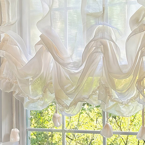 Champagne Sheer Roman Shade, Fashionable Wave-Shaped Tie Up Curtain, Window Décor