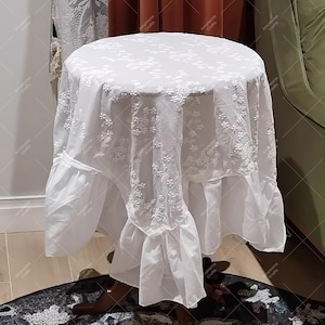 White Embroidered Tablecloth, Floral Lace Table Cover for Dining, Coffee, or Vanity Tables