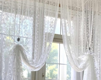 White Lace Curtains, Shabby Chic Floral Window Panels For Bedroom,  Scalloped Trim, Custom Size