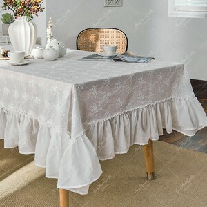 Floral Embroidered Tablecloth,Romantic White Table Cover With Ruffled , Elegant Cotton Table Cloth