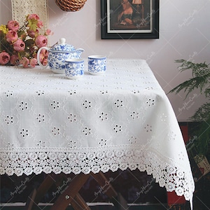 Elegant White Lace Tablecloth: Cotton Farmhouse Table Cover