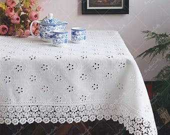 Elegant White Lace Tablecloth: Cotton Farmhouse Table Cover