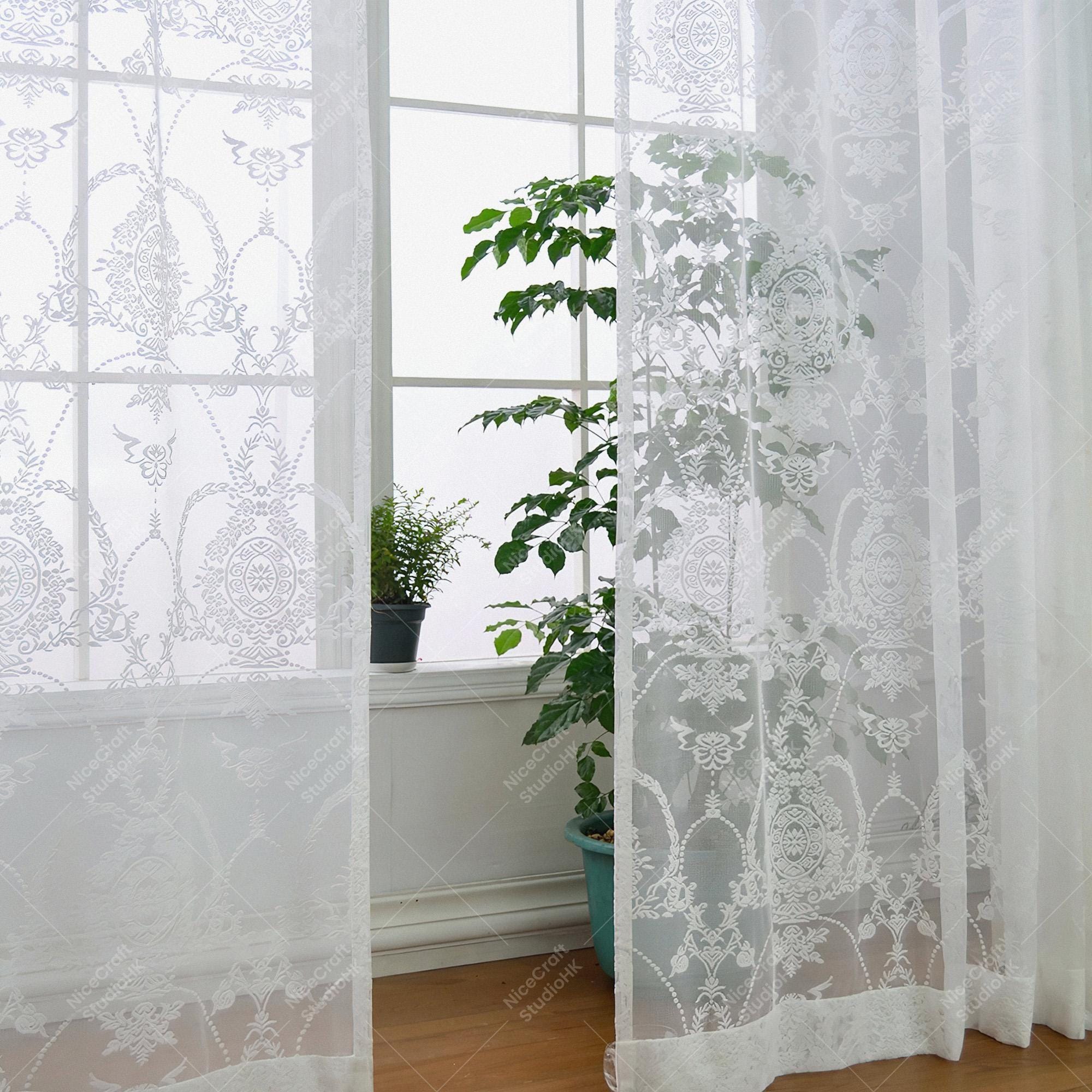 ヴィンテージバロックレースカーテン、ホワイト刺繍入りシアーパネル