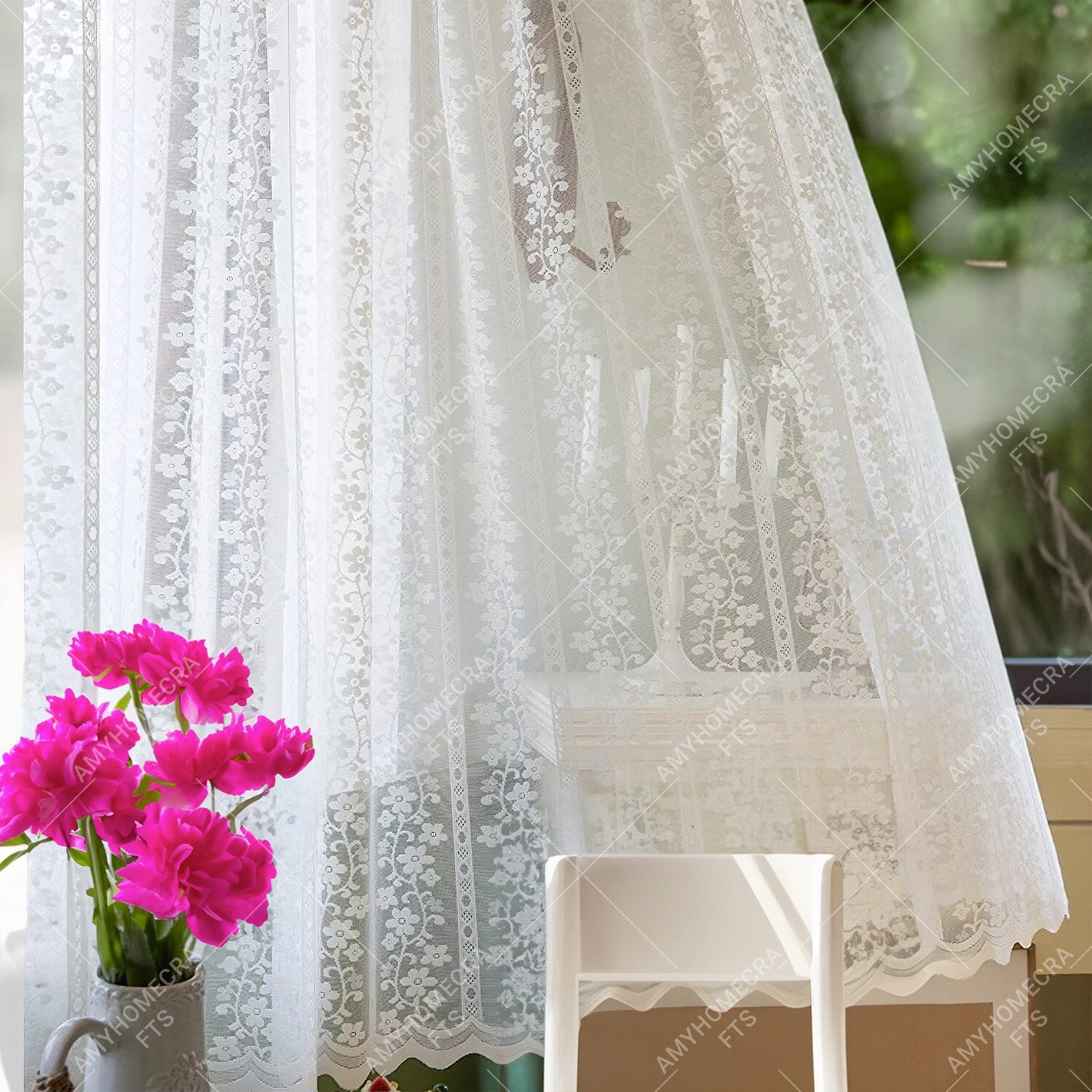 White Floral Lace Curtains: Shabby Chic Scalloped Window Panels, Custom Size