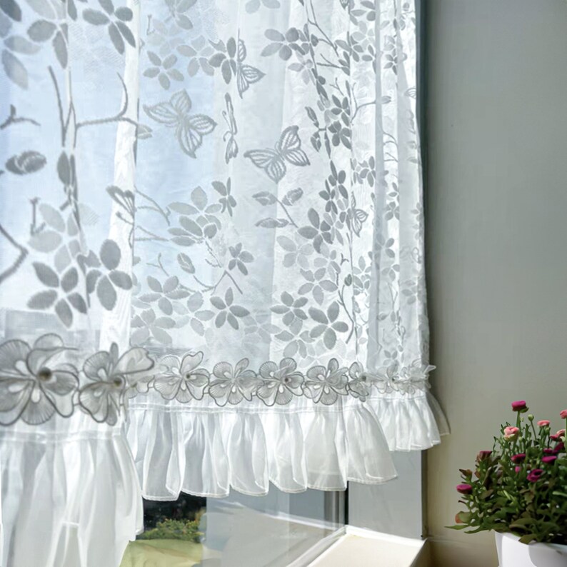 Romantic Lace Sheer Curtain: Ruffled Bottom, Butterfly & Flower Design ...