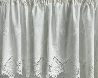 White Embroidered Cotton Lace Valance: Shabby Chic Kitchen Curtain