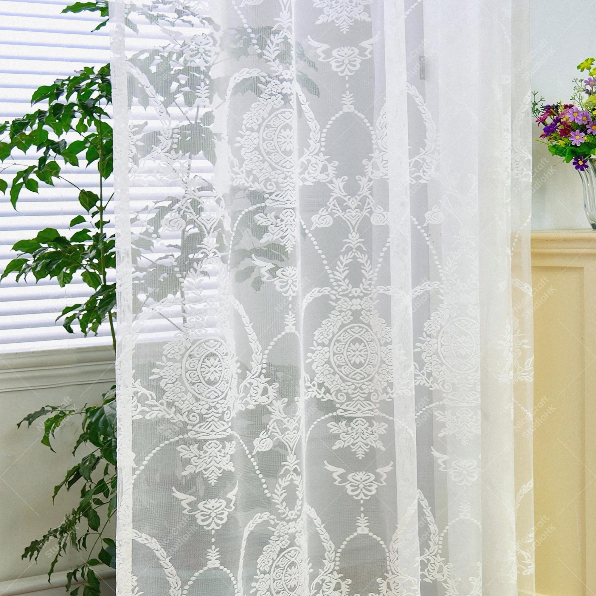 ヴィンテージバロックレースカーテン、ホワイト刺繍入りシアーパネル