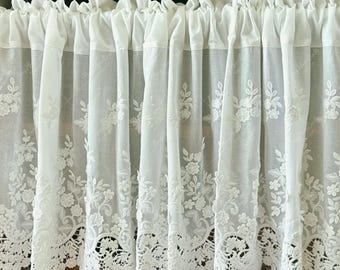 刺繍入りキッチンバランスカーテン、シャビーシックなコットンレースのコーヒーカーテン