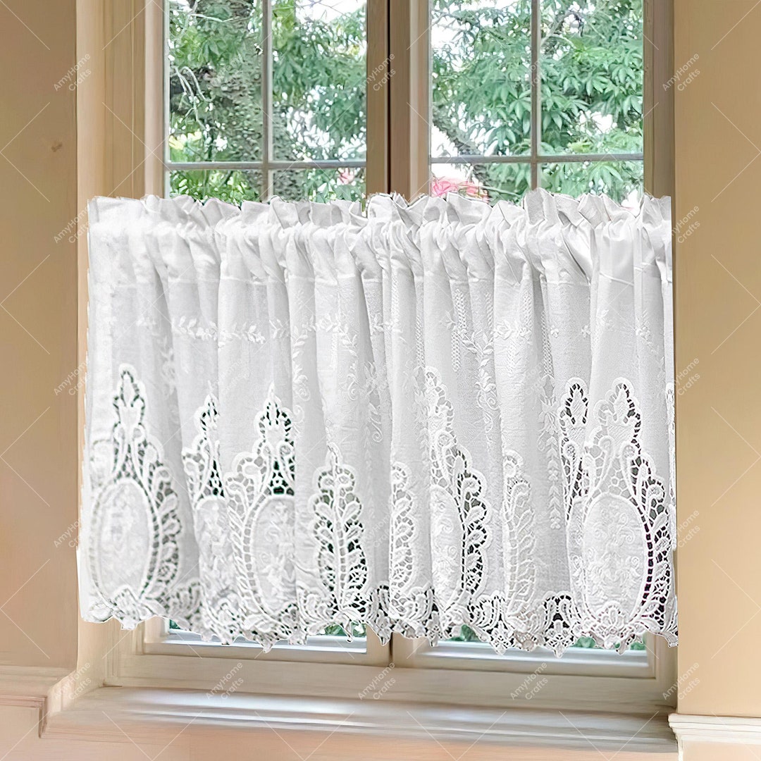 White Embroidered Short Curtain for Kitchen , Shabby Chic Cotton