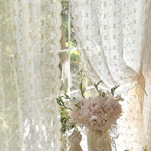 Beige Lace Sheer Curtain,Elegant Bow Embroidered Window Drapes For Beroom,Girl&#39;s Room Window Treatments,Rod Pocket