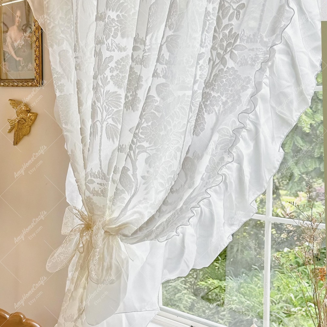 Elegant Tufted Lace Curtain Panel, White Semi-sheer Curtain With Floral ...